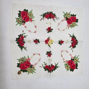 Vintage Embroidered Linen Handkerchief With Red Rose Floral Design